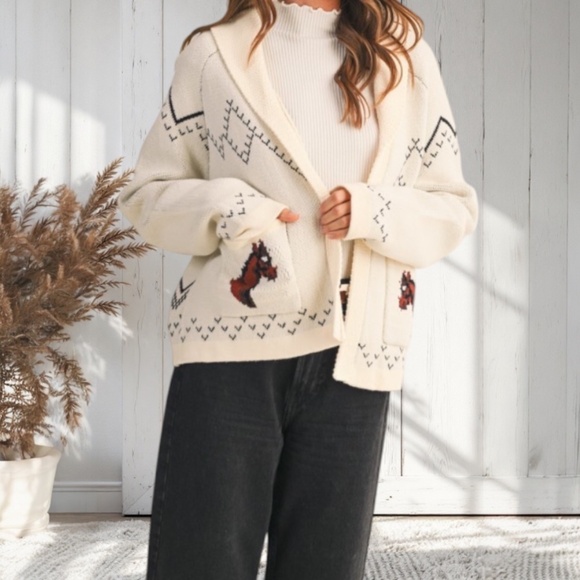 Ivory Horse Western Knit Shawl Collar Relaxed Fit Cardigan Sweater Fall Winter - Picture 3 of 3